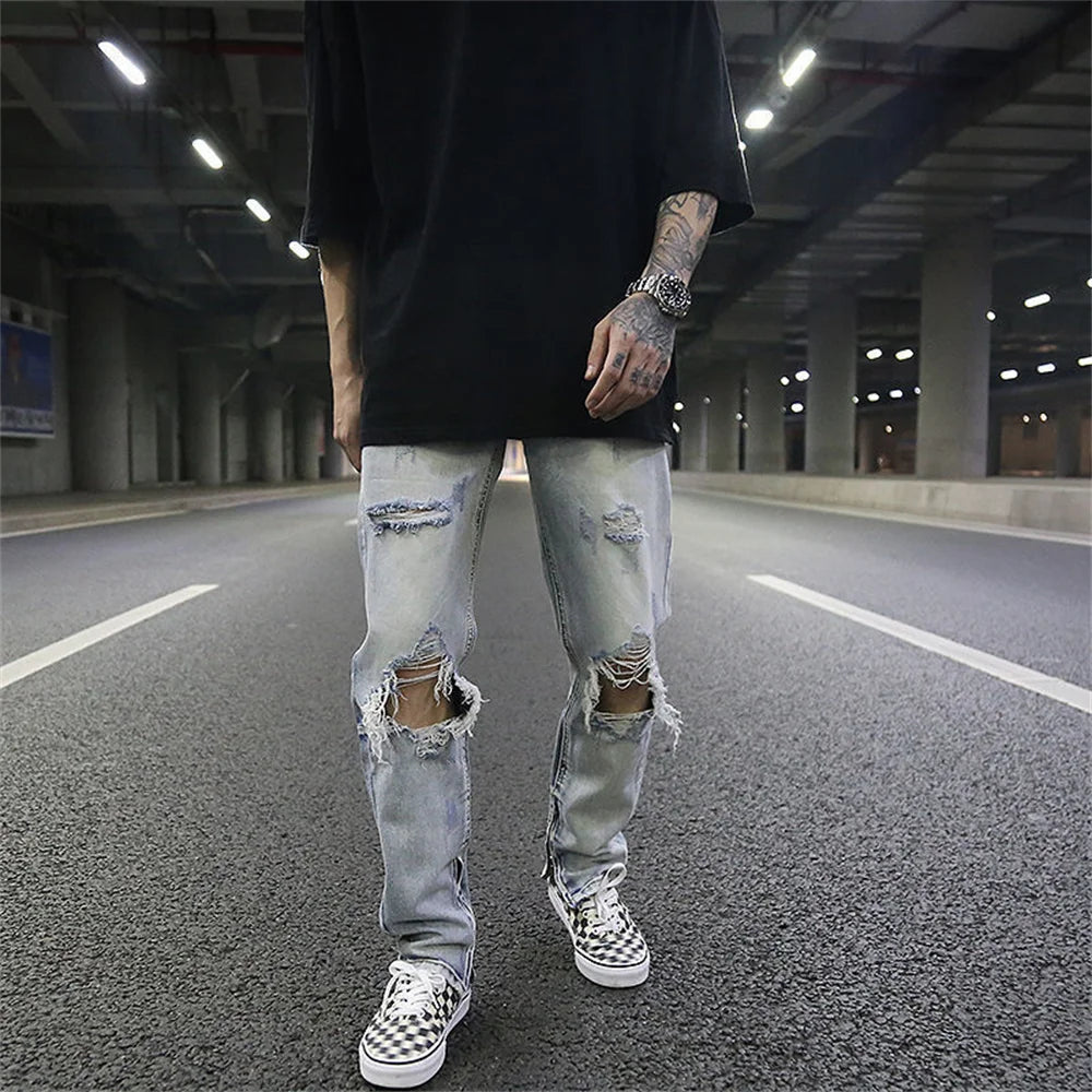 Streetwear Fashion Black Ripped Jeans