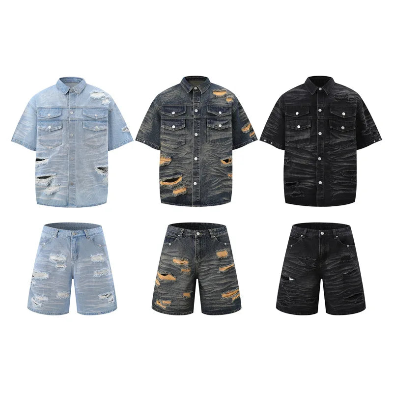 Men's Fashion High Street Ripped Jeans Shirts