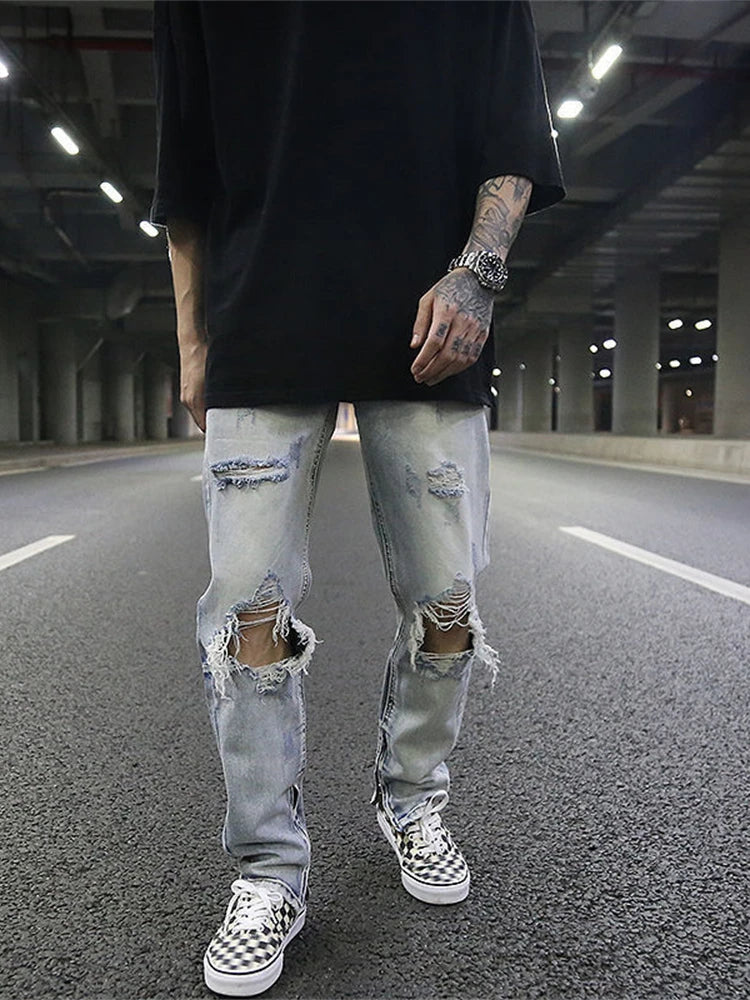 Streetwear Fashion Black Ripped Jeans
