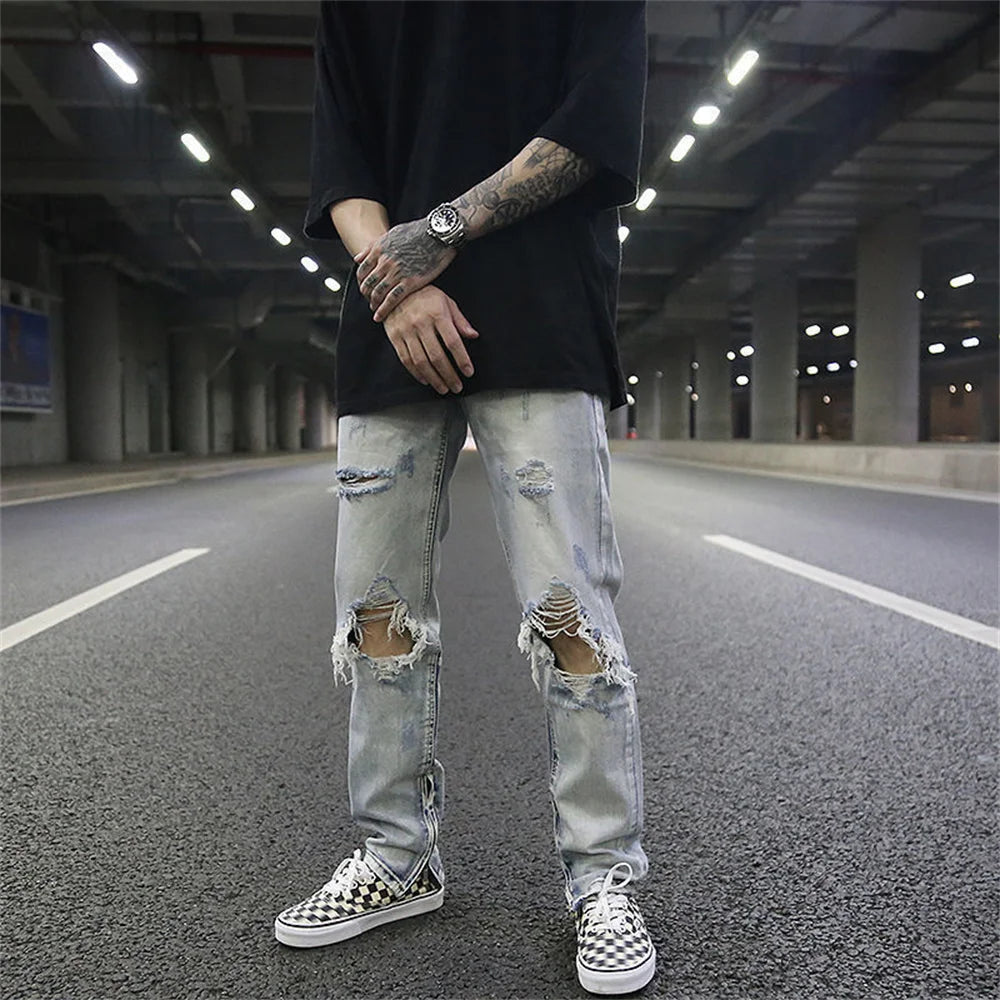 Streetwear Fashion Black Ripped Jeans