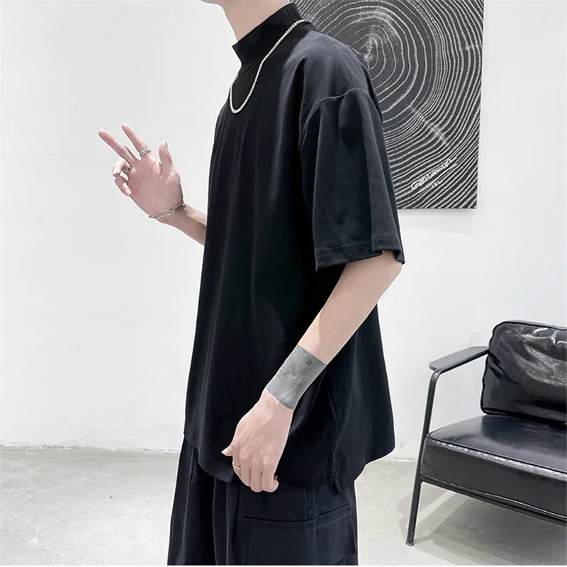 Mens Streetwear Turtleneck  Casual Short Sleeve T-shirts Tops Tees