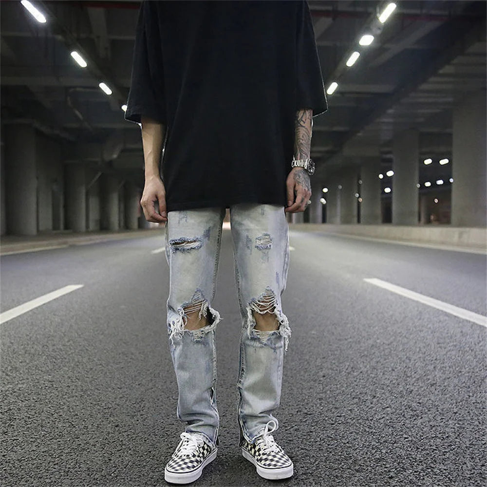 Streetwear Fashion Black Ripped Jeans
