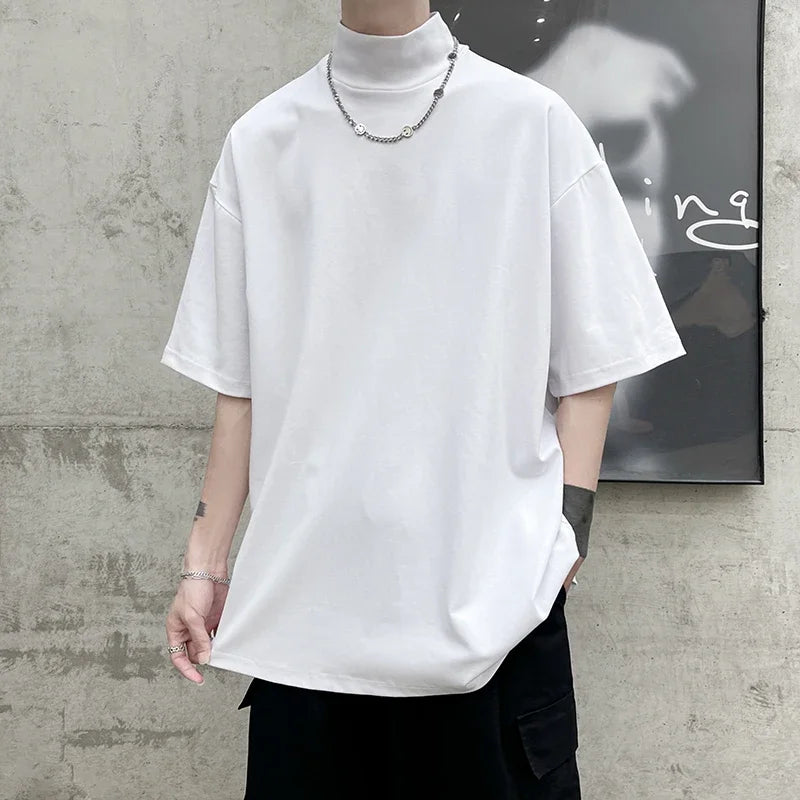 Mens Streetwear Turtleneck  Casual Short Sleeve T-shirts Tops Tees
