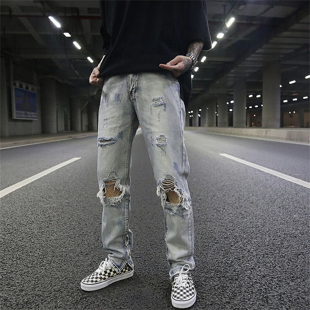 Streetwear Fashion Black Ripped Jeans