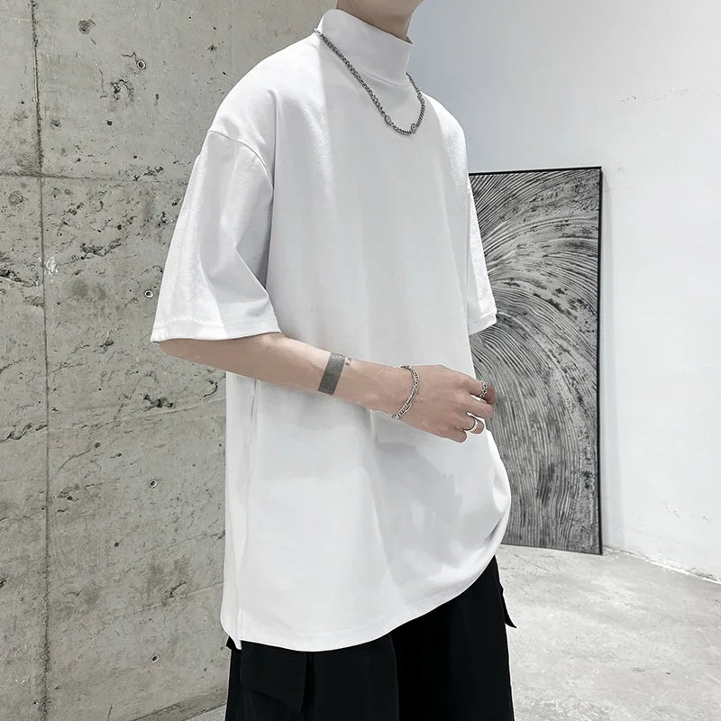 Mens Streetwear Turtleneck  Casual Short Sleeve T-shirts Tops Tees