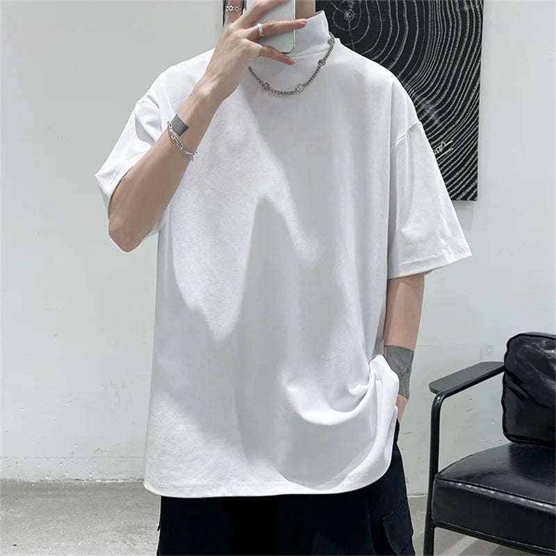 Mens Streetwear Turtleneck  Casual Short Sleeve T-shirts Tops Tees