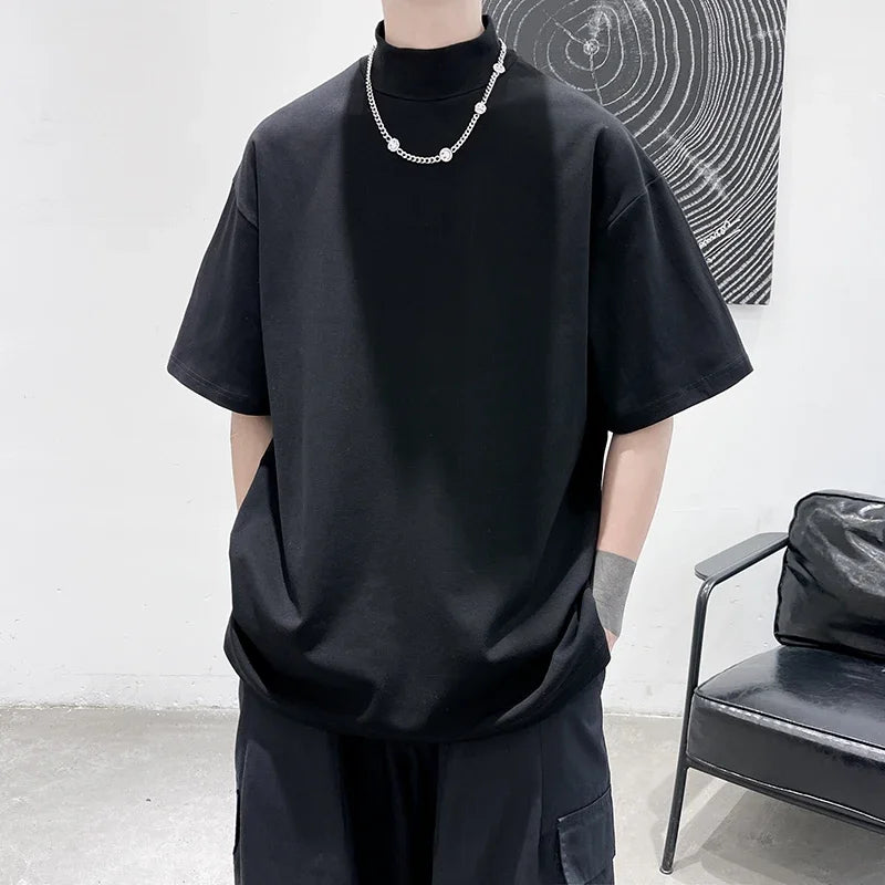Mens Streetwear Turtleneck  Casual Short Sleeve T-shirts Tops Tees