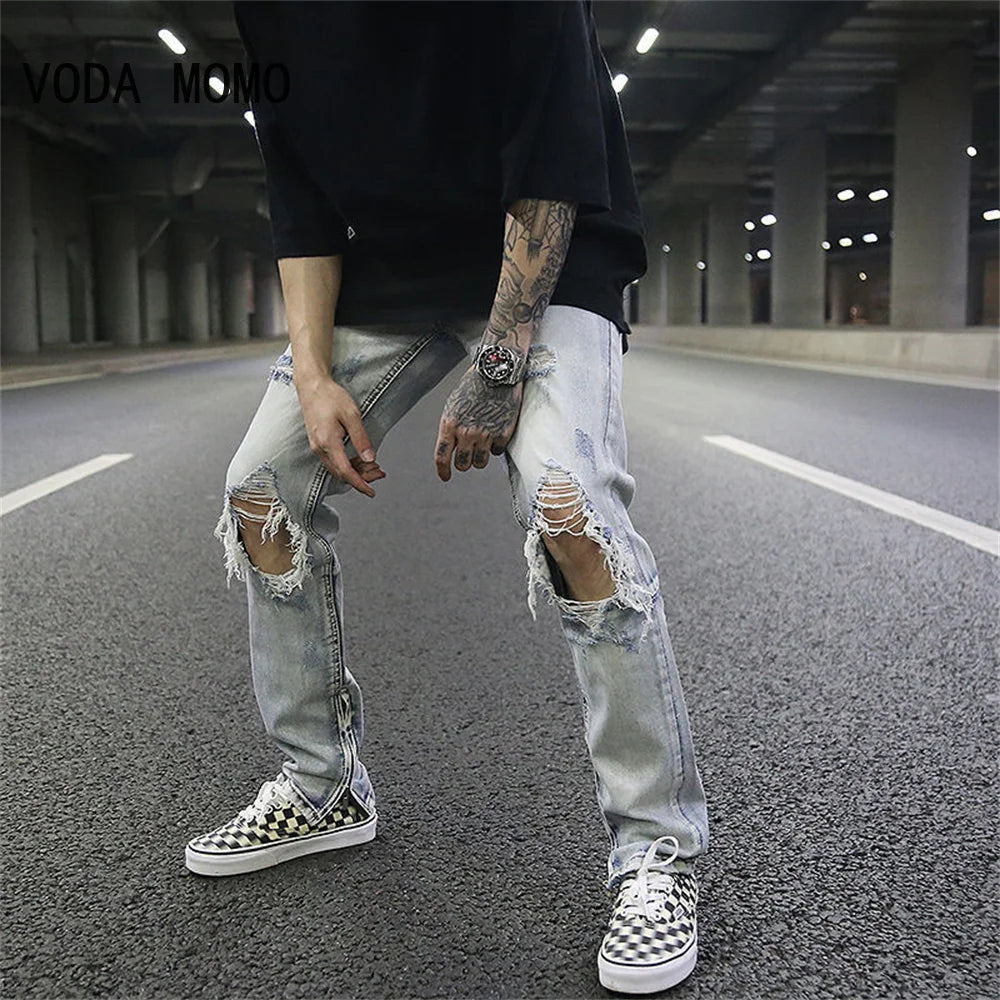 Streetwear Fashion Black Ripped Jeans